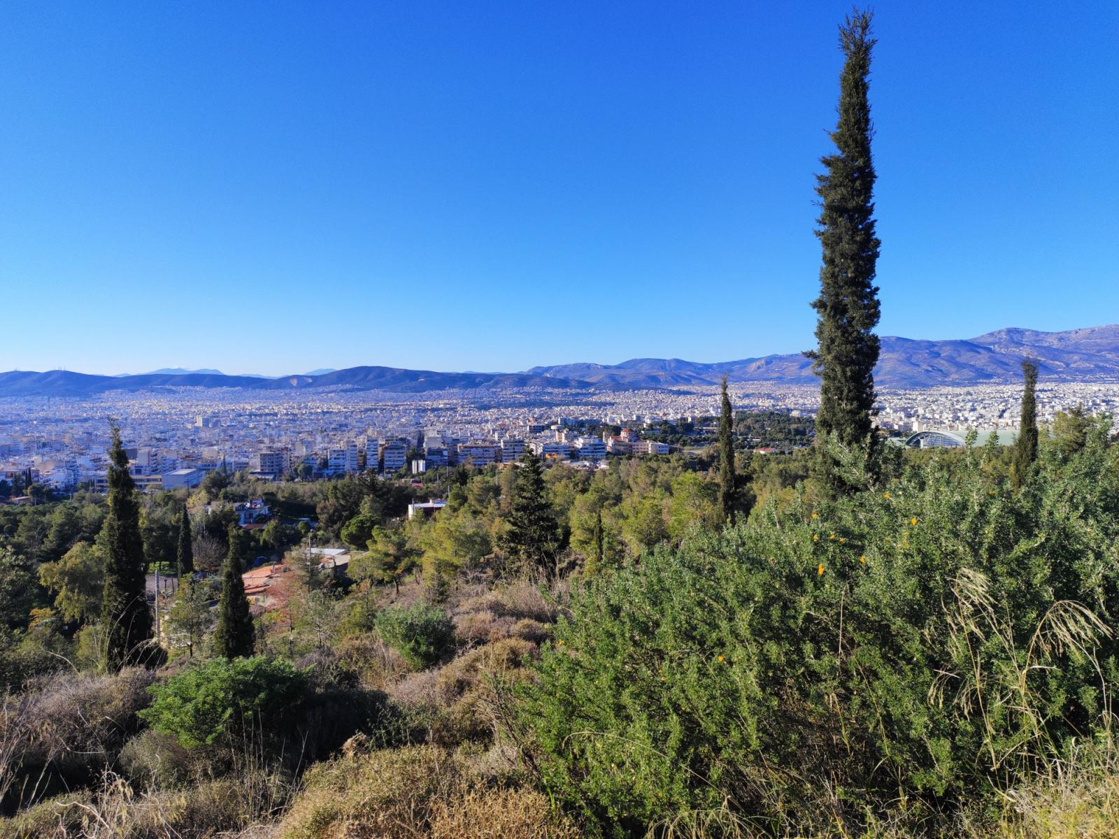 Scenic view of Athens cityscape from a hilltop with clear skies