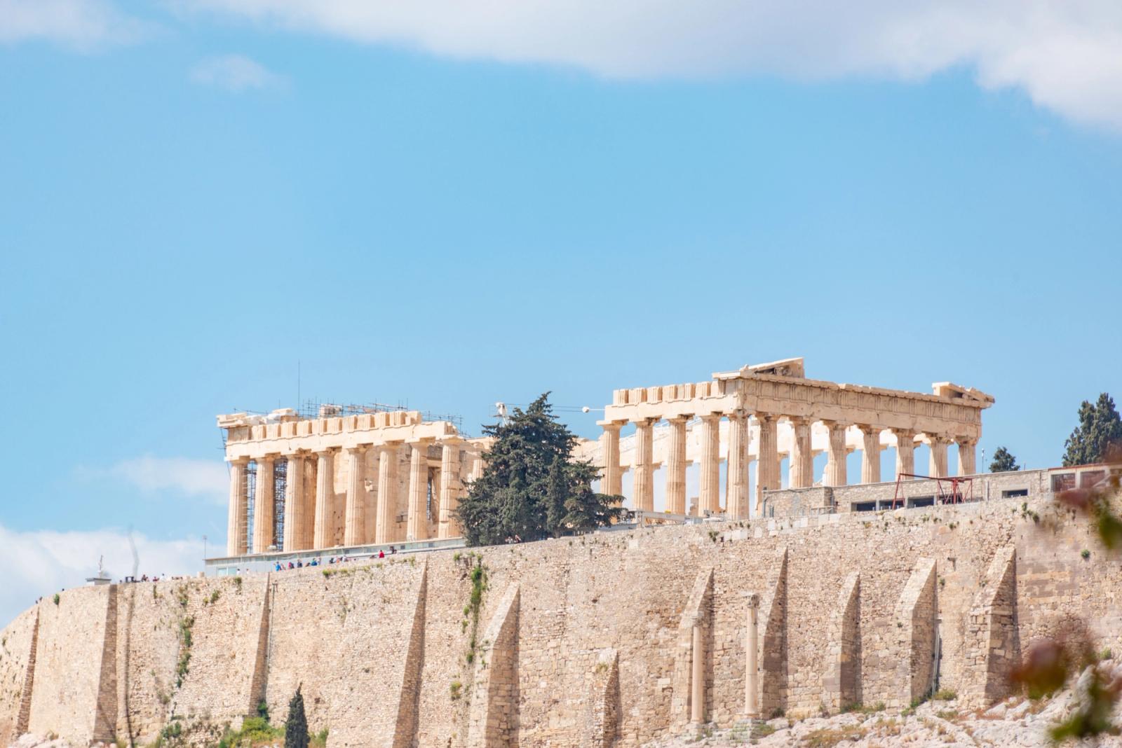 View of the iconic Parthenon temple in Athens, Greece under a clear blue sky