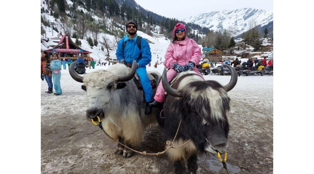 Two people in pink clothing riding a yak in snow