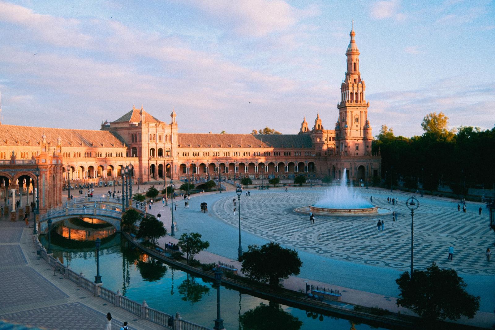 Scenic view of Plaza de España, Seville, Spain illuminated by warm sunset light