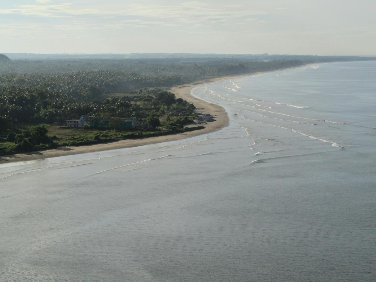 An aerial view of a long sandy beach bordering forested coastline