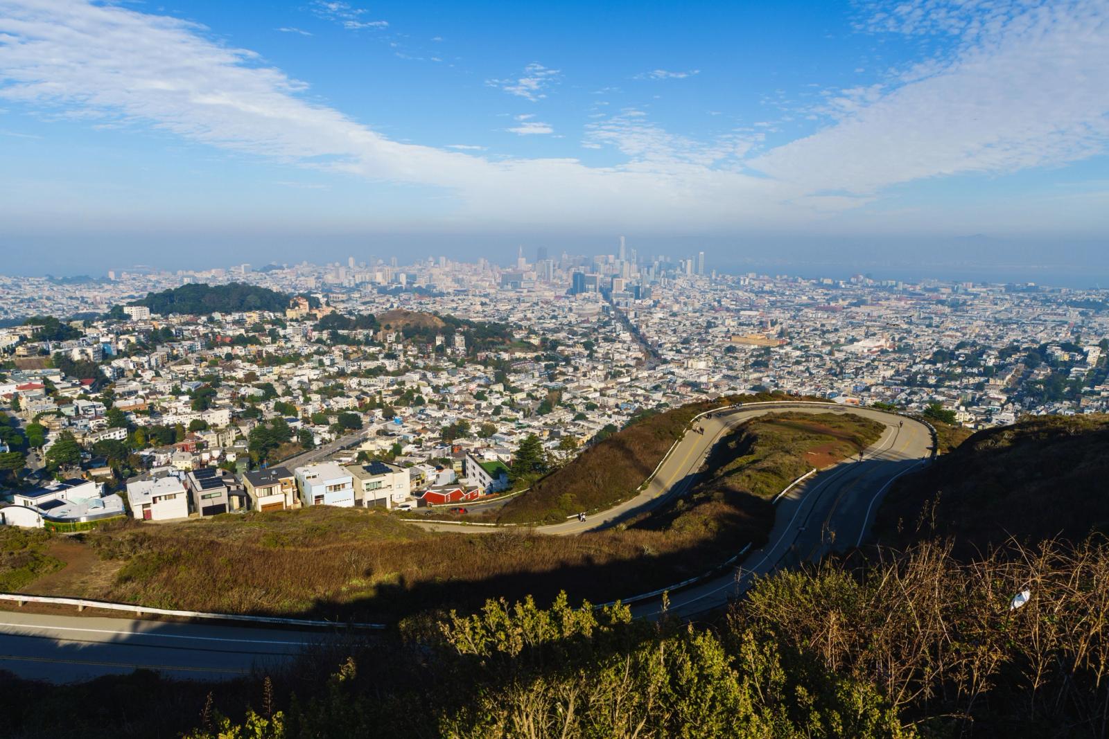 A breathtaking aerial view of San Francisco's skyline and urban landscape seen from Twin Peaks