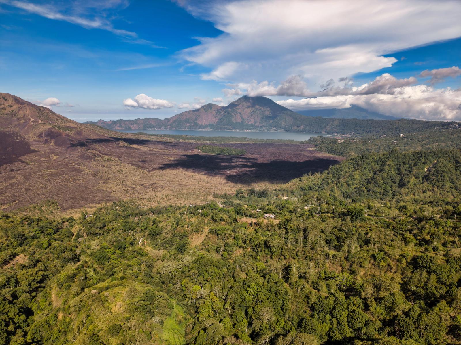 Stunning aerial view of Mount Batur and its caldera in Bali, Indonesia