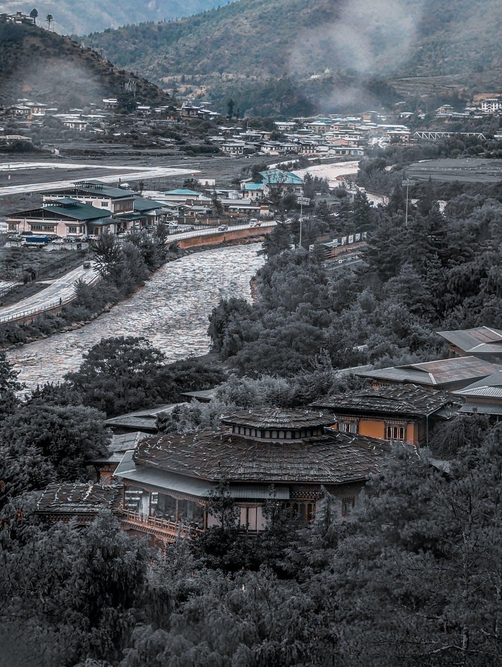 Stunning aerial shot of Paro Valley, Bhutan showcasing traditional architecture and lush landscape
