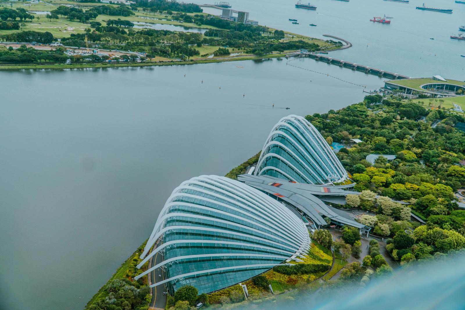 A stunning aerial view of the futuristic architecture of Gardens by the Bay in Singapore
