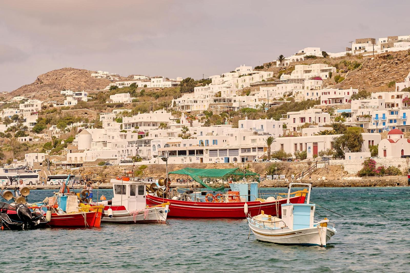 Colourful fishing boats moored in a harbour below a whitewashed hillside town