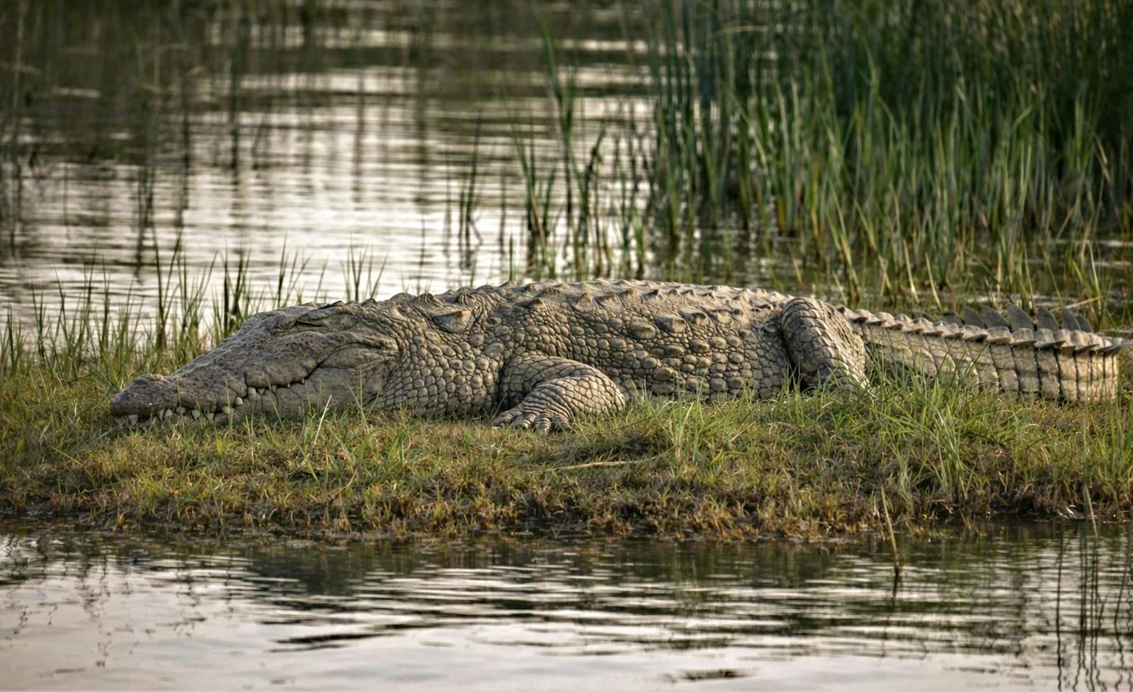 A large crocodile stretched out on a grassy riverbank with its tail trailing into water