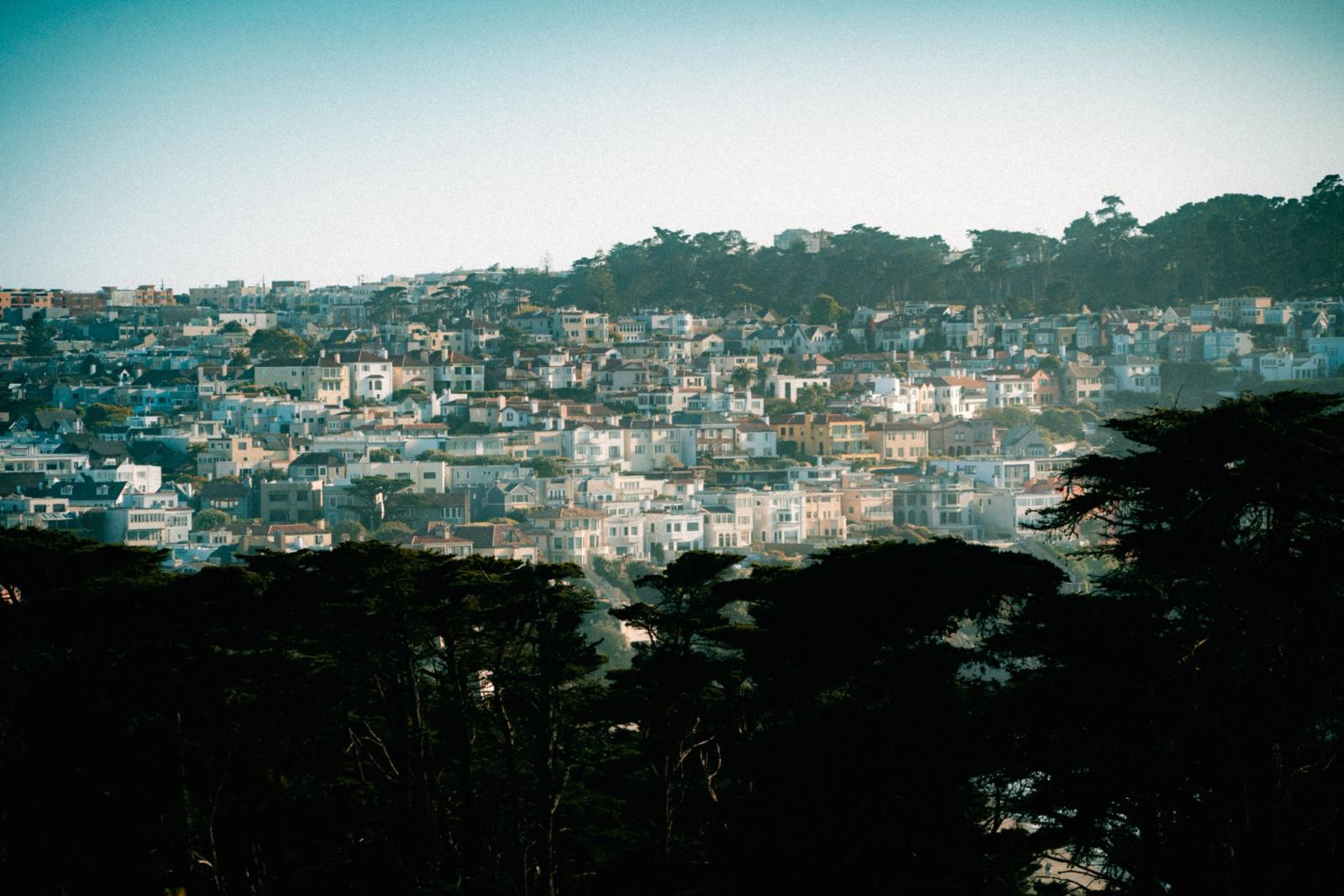 Panoramic view of residential homes surrounded by trees in San Francisco, CA