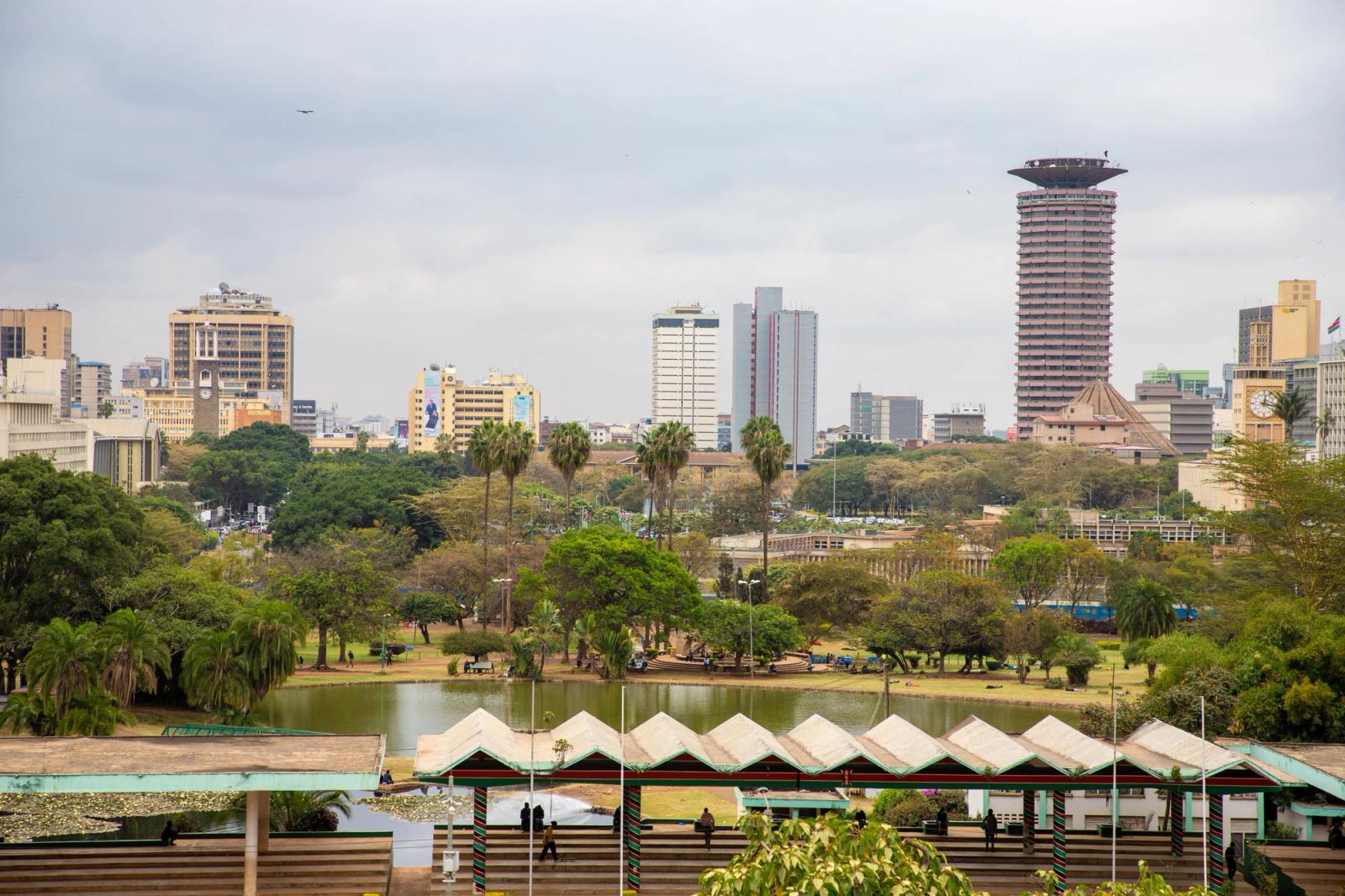 A stunning aerial view of Nairobi showcasing KICC and Uhuru Park with skyscrapers in the backdrop
