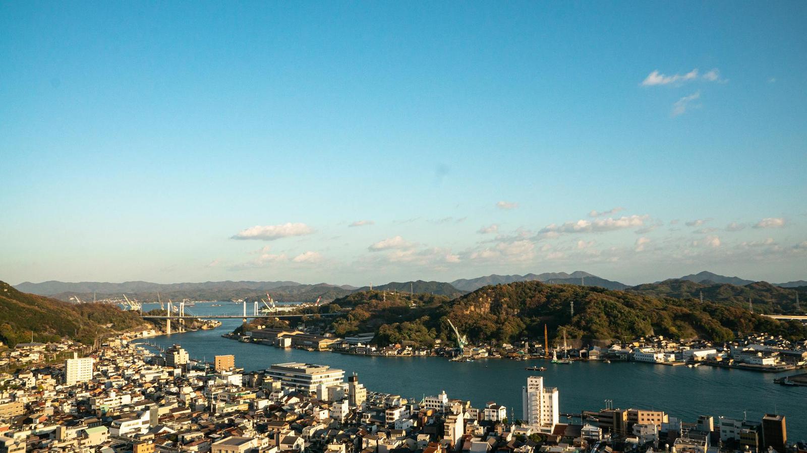 Aerial view of a bay town with a suspension bridge and forested hills