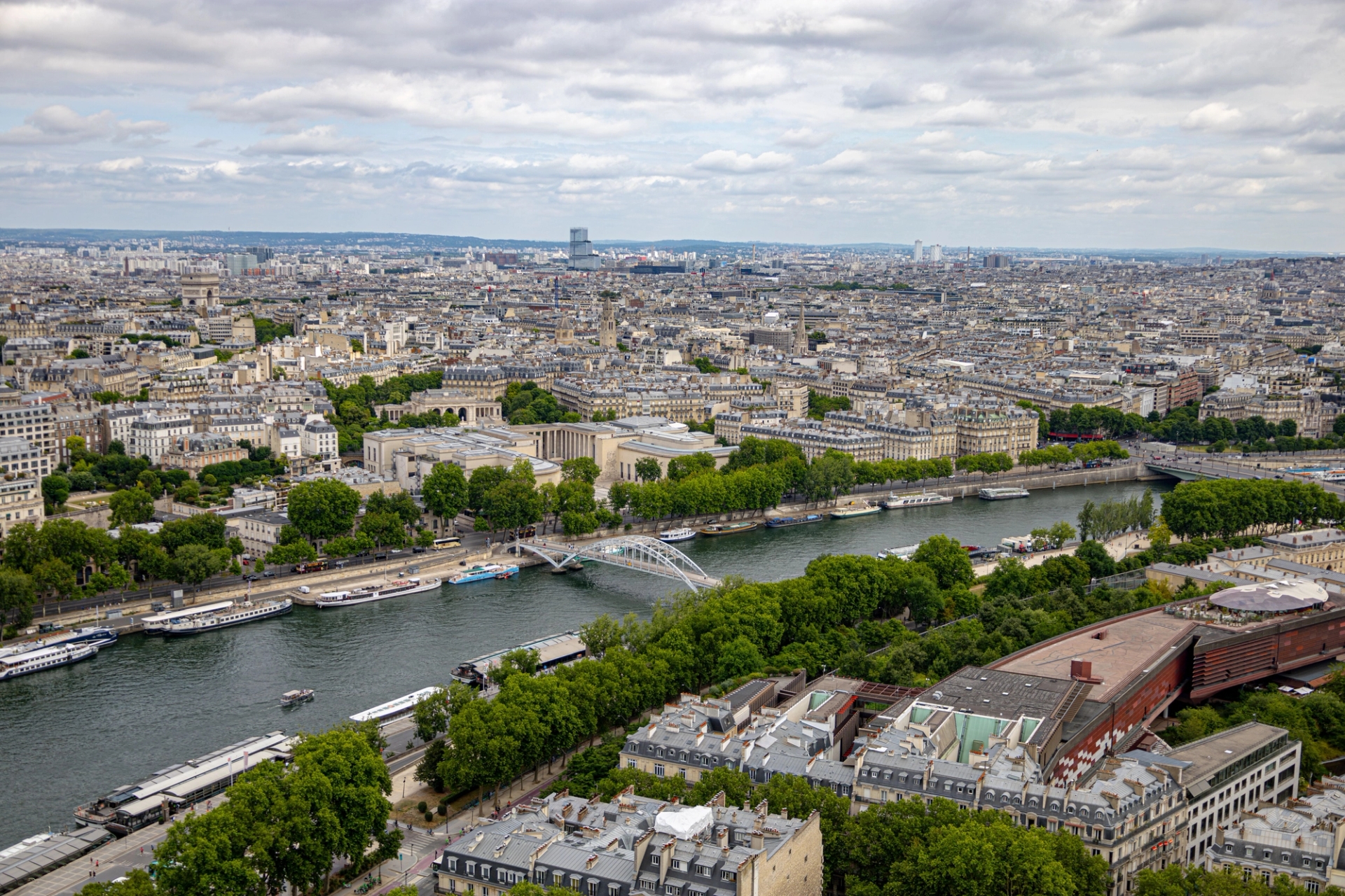 Aerial view of Paris cityscape with the Seine River and beautiful architecture