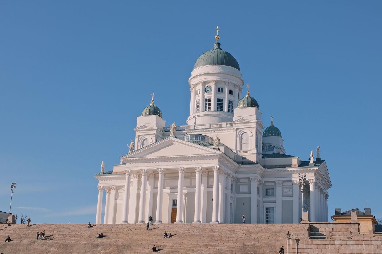 A majestic view of Helsinki Cathedral against a clear blue sky