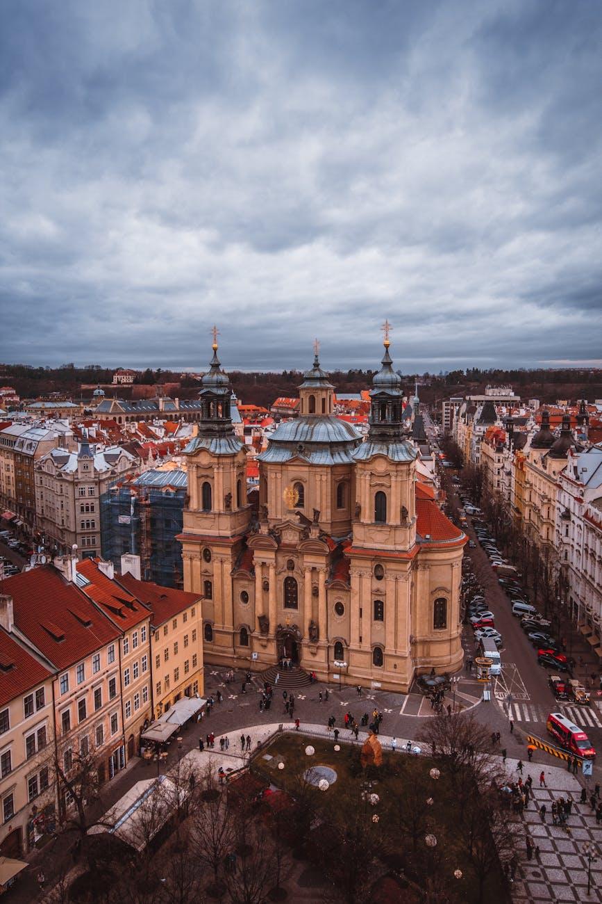 Stunning aerial view of Church of St. Nicholas in historical Prague