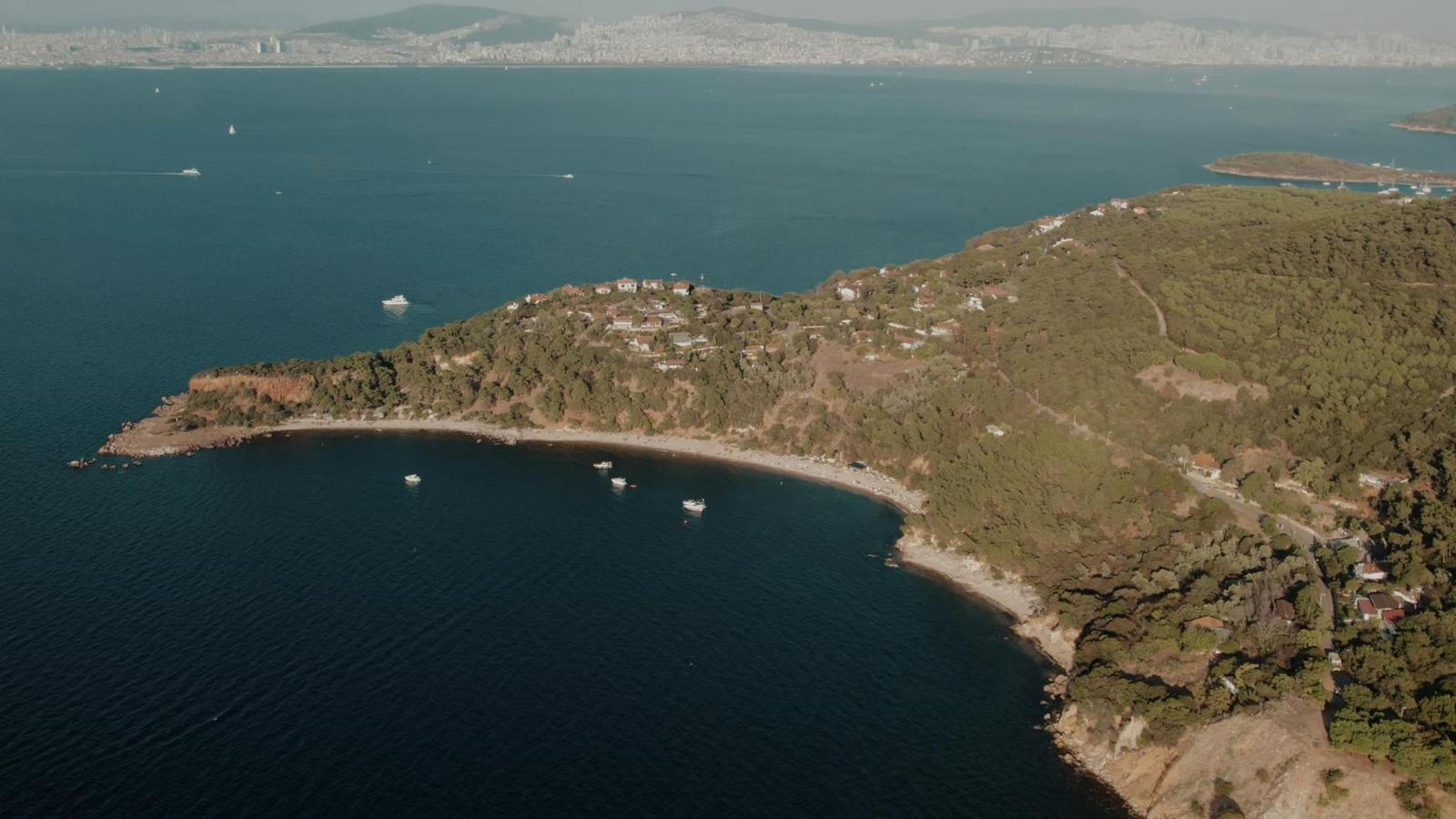 Aerial view of a wooded peninsula with boats anchored in a sheltered bay