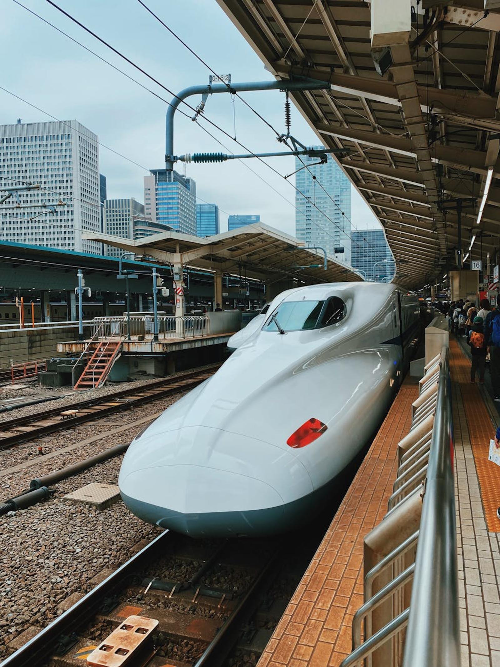 A sleek Shinkansen bullet train preparing to depart from Tokyo Station