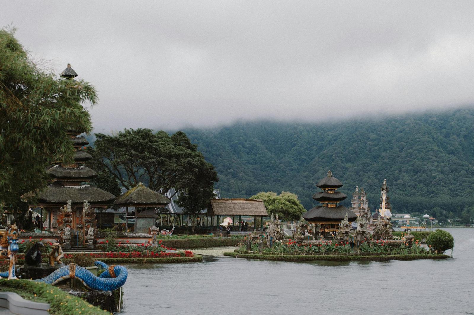 Scenic view of the Ulun Danu Beratan Temple surrounded by nature and lake in Bali