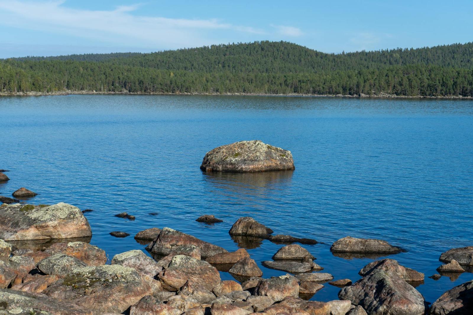 Solitary boulder in calm blue water framed by forested shoreline