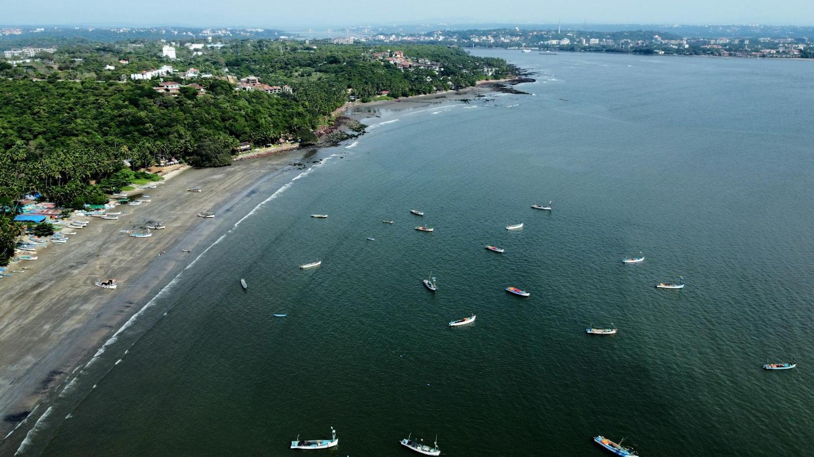 Aerial view of fishing boats anchored off a wooded coastline