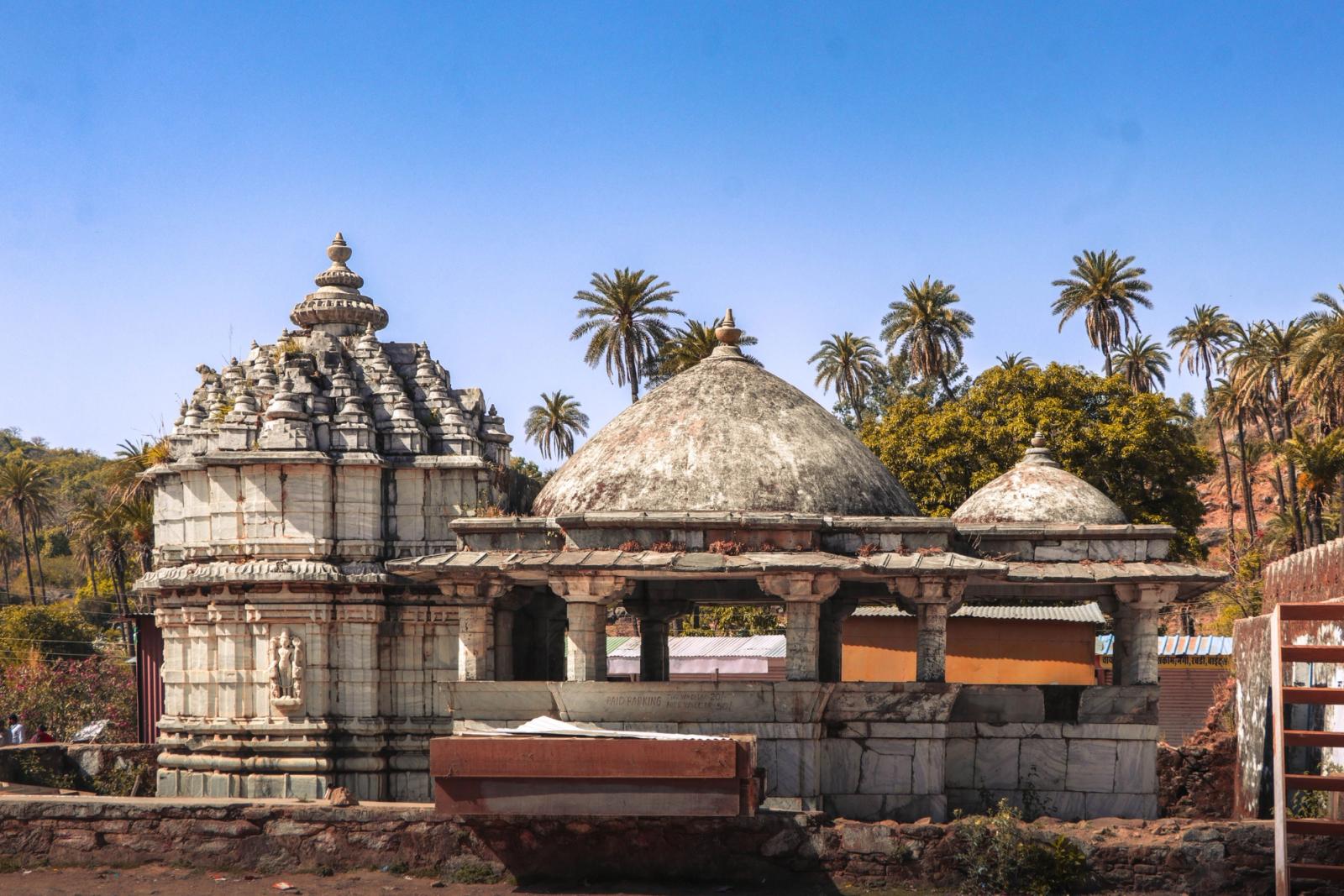 Discover the intricate architecture of an ancient temple in Gujarat, India, surrounded by palm trees