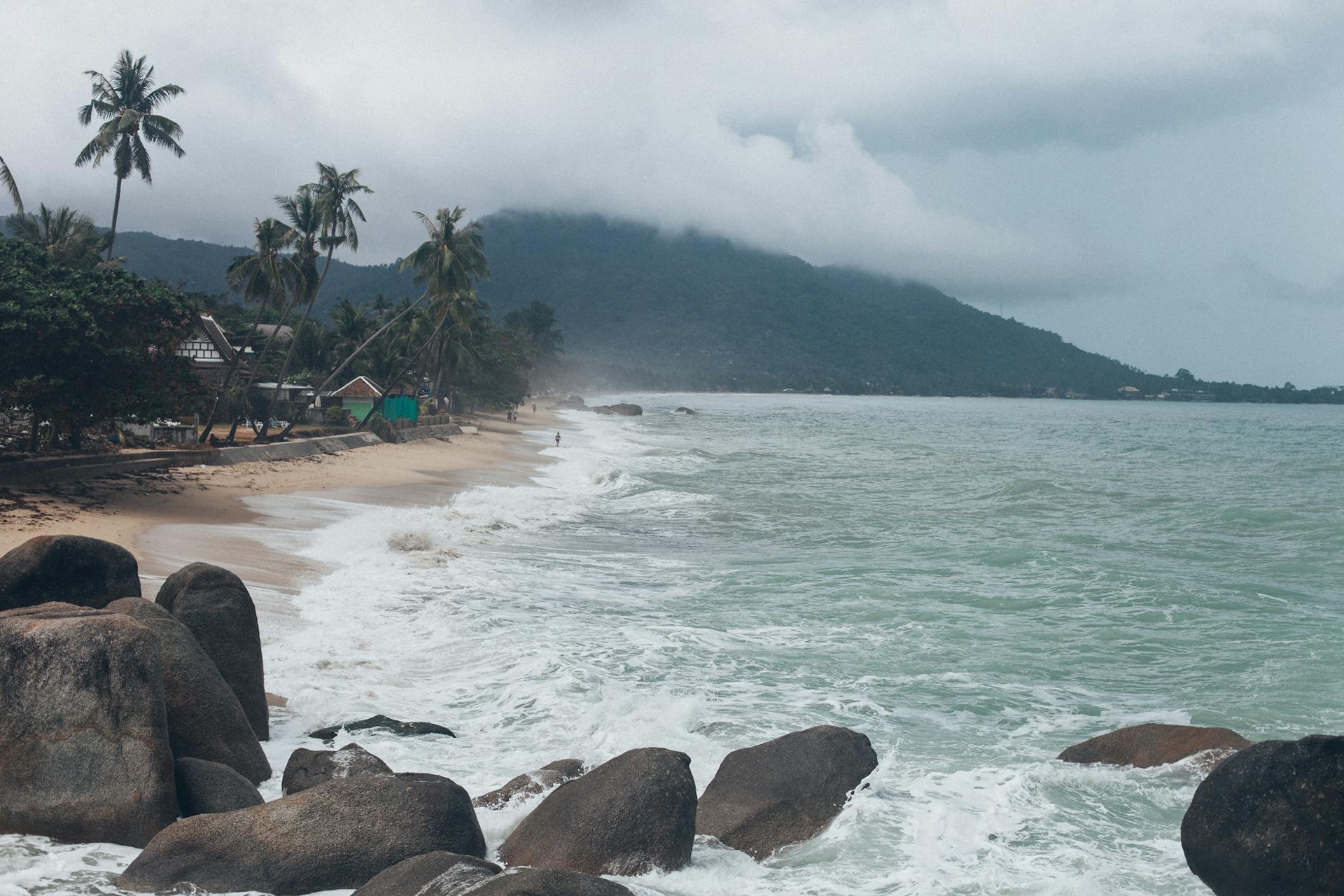 Waves breaking on a rocky beach below palm trees with a misty hillside beyond