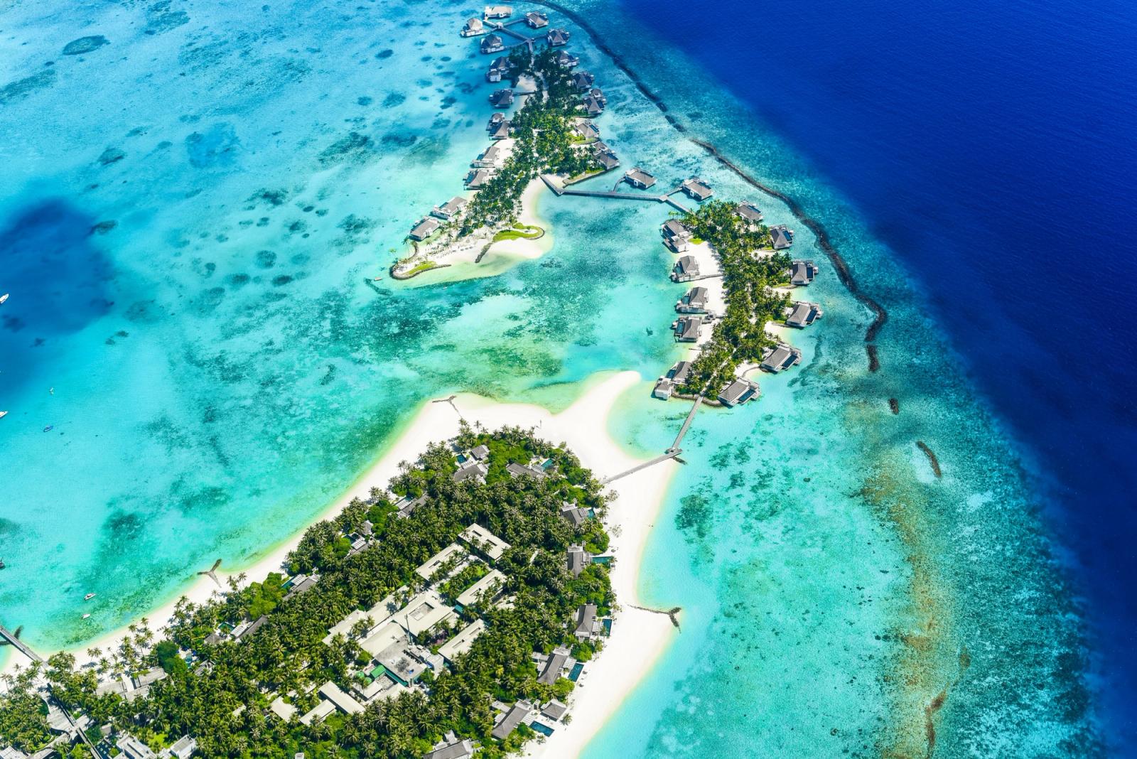 Stunning aerial shot of Maldives islands with turquoise waters and white sand beaches