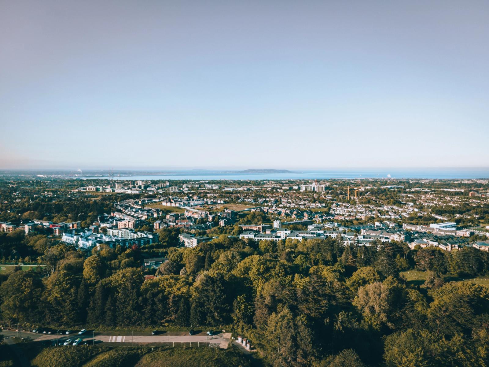 Scenic aerial view of Dun Laoghaire in Dublin, Ireland, showcasing a blend of urban and coastal landscapes