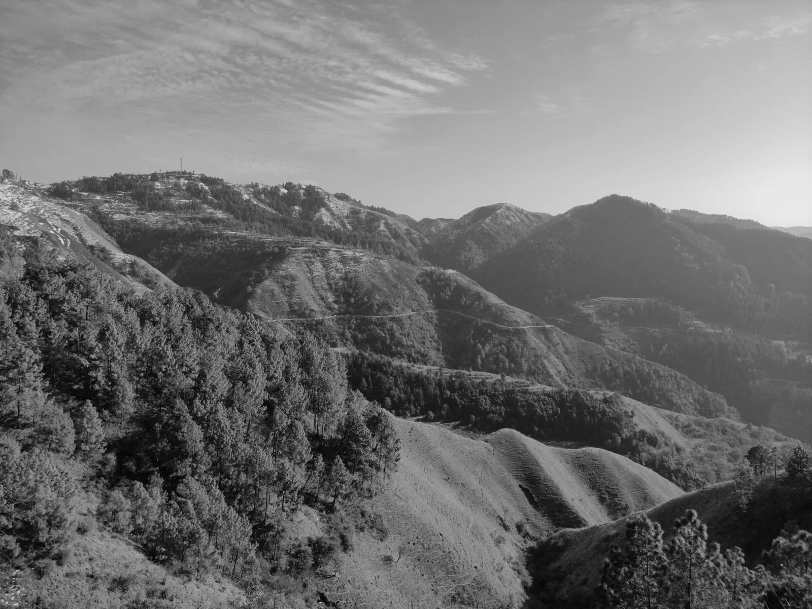 Black and white landscape of rolling hills and mountains in Dehradun, Uttarakhand, India