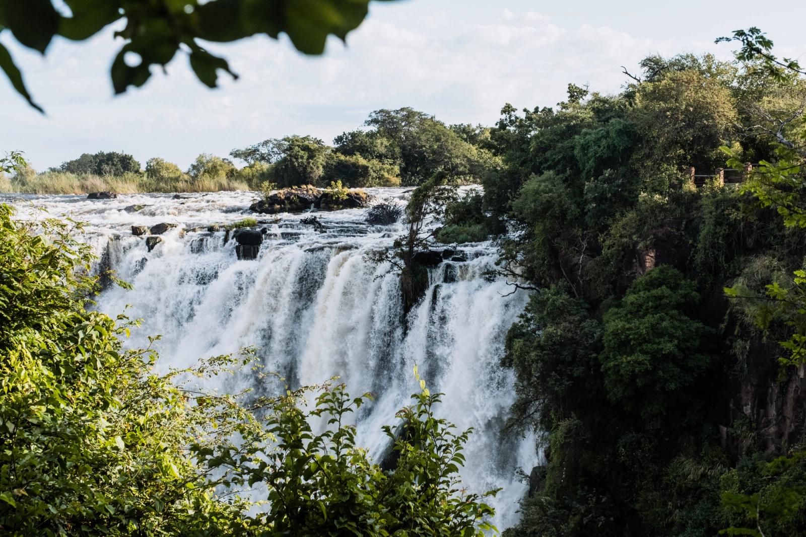 A stunning view of a waterfall cascading surrounded by dense forest