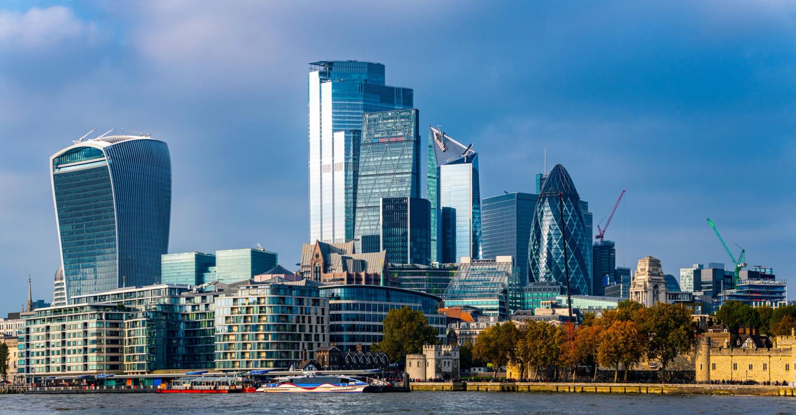 Stunning view of the London skyline featuring iconic skyscrapers along the River Thames