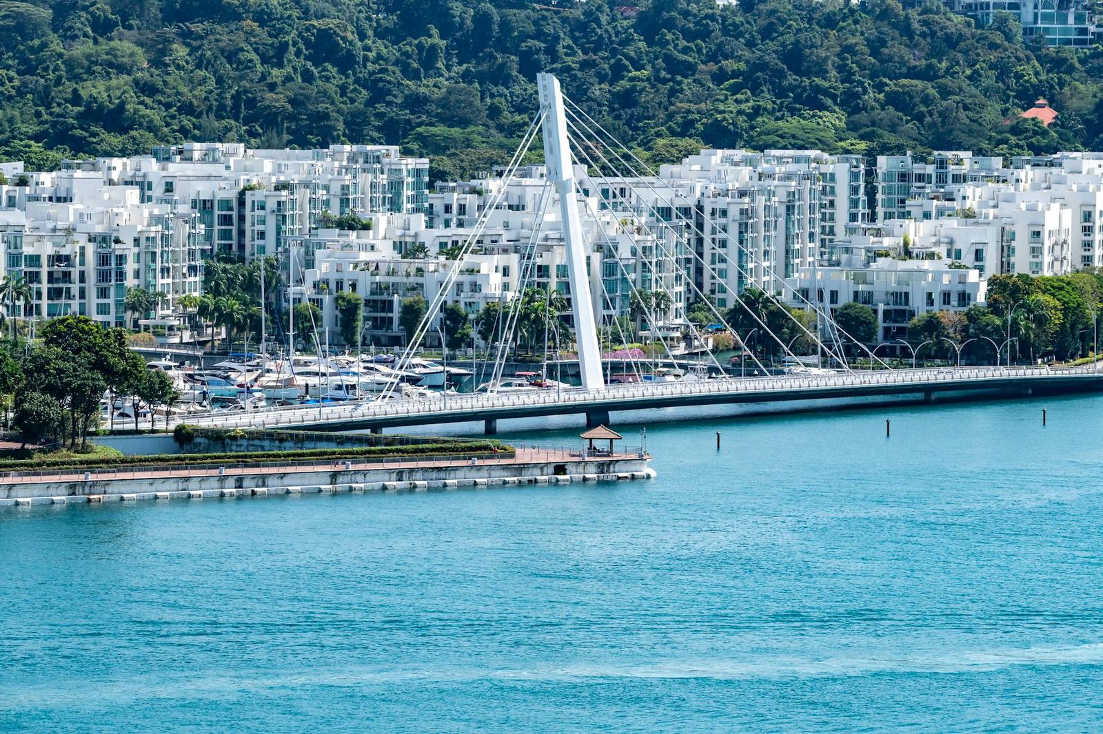 Suspension footbridge spanning a bay in front of white apartment towers