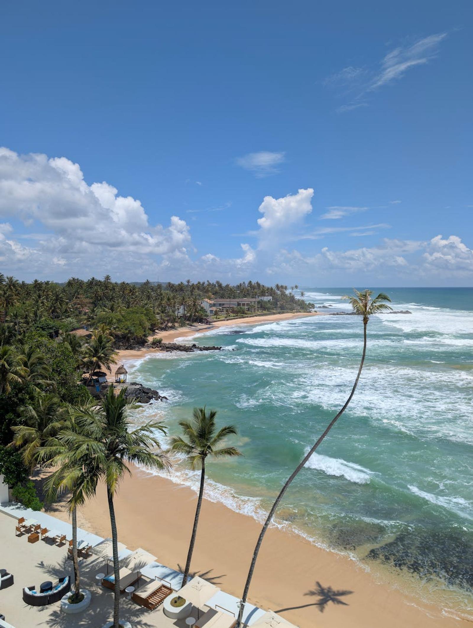 Aerial view of a resort beach with palm trees framing turquoise waves