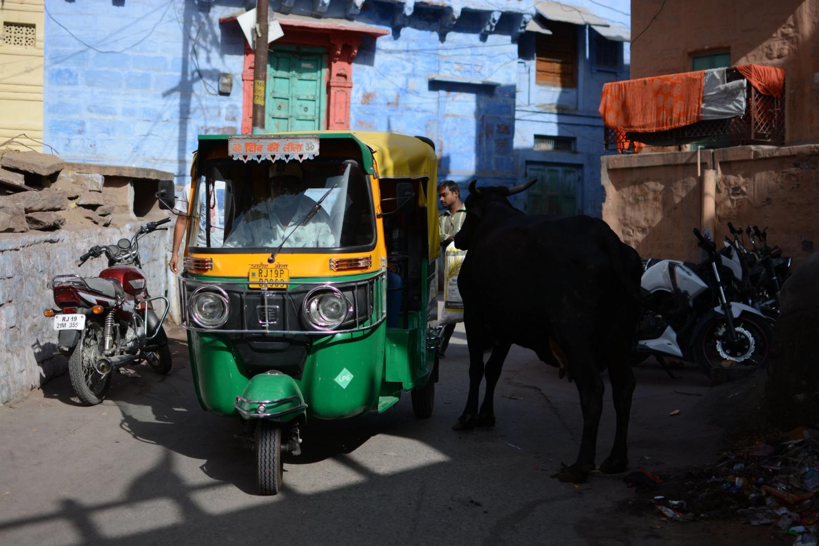 Colorful tuk tuk on a vibrant street in Jodhpur, India, with local ambiance