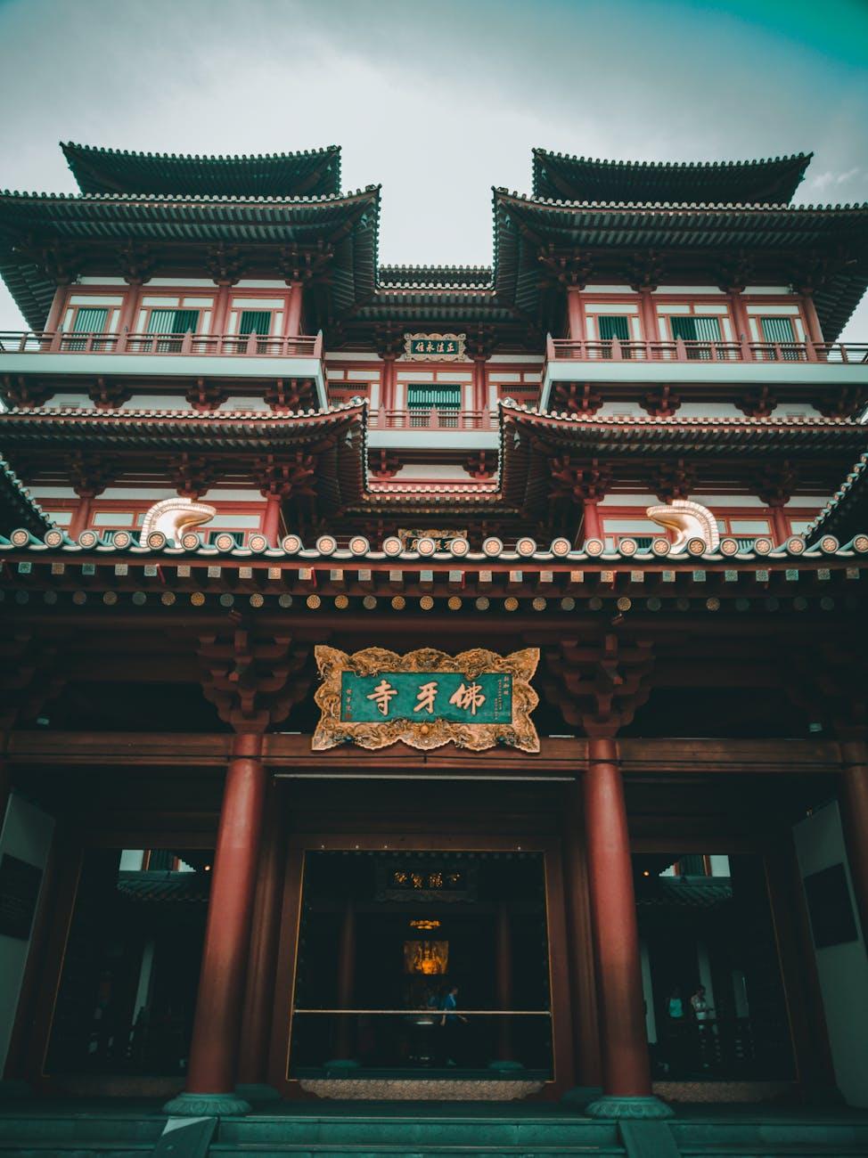 Ornate red and gold multi-tiered temple facade with carved eaves