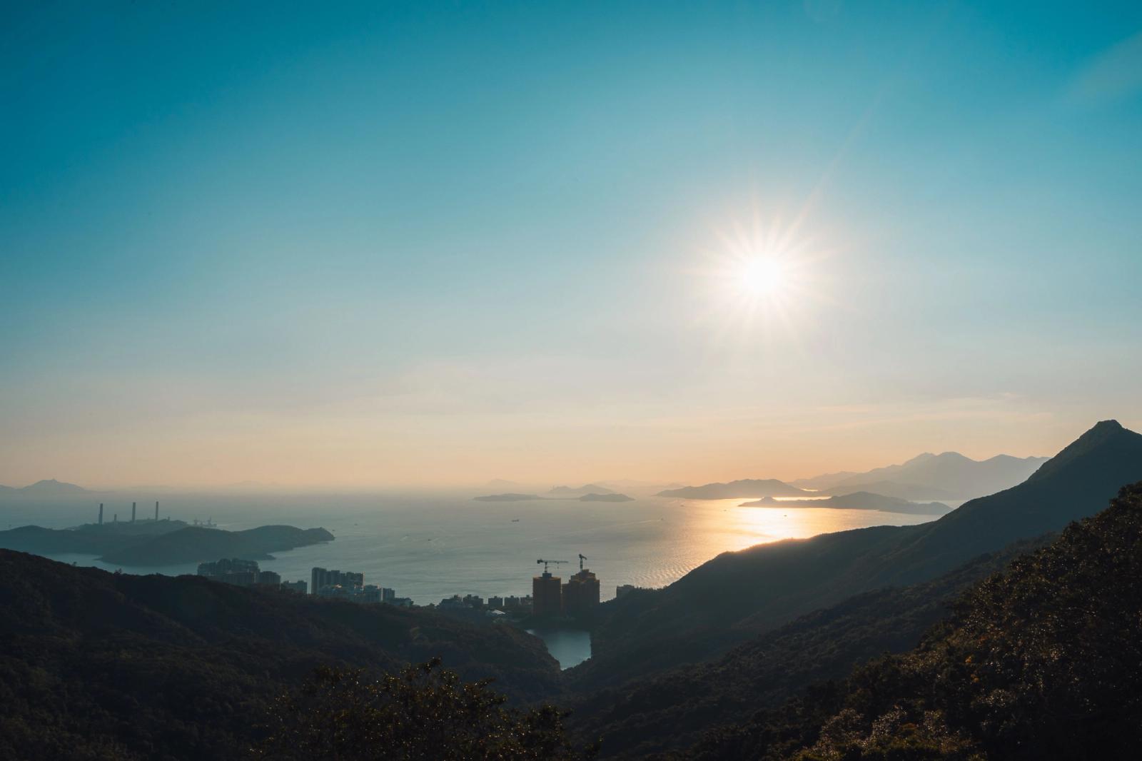 Stunning sunset landscape over Hong Kong Island with coastal views