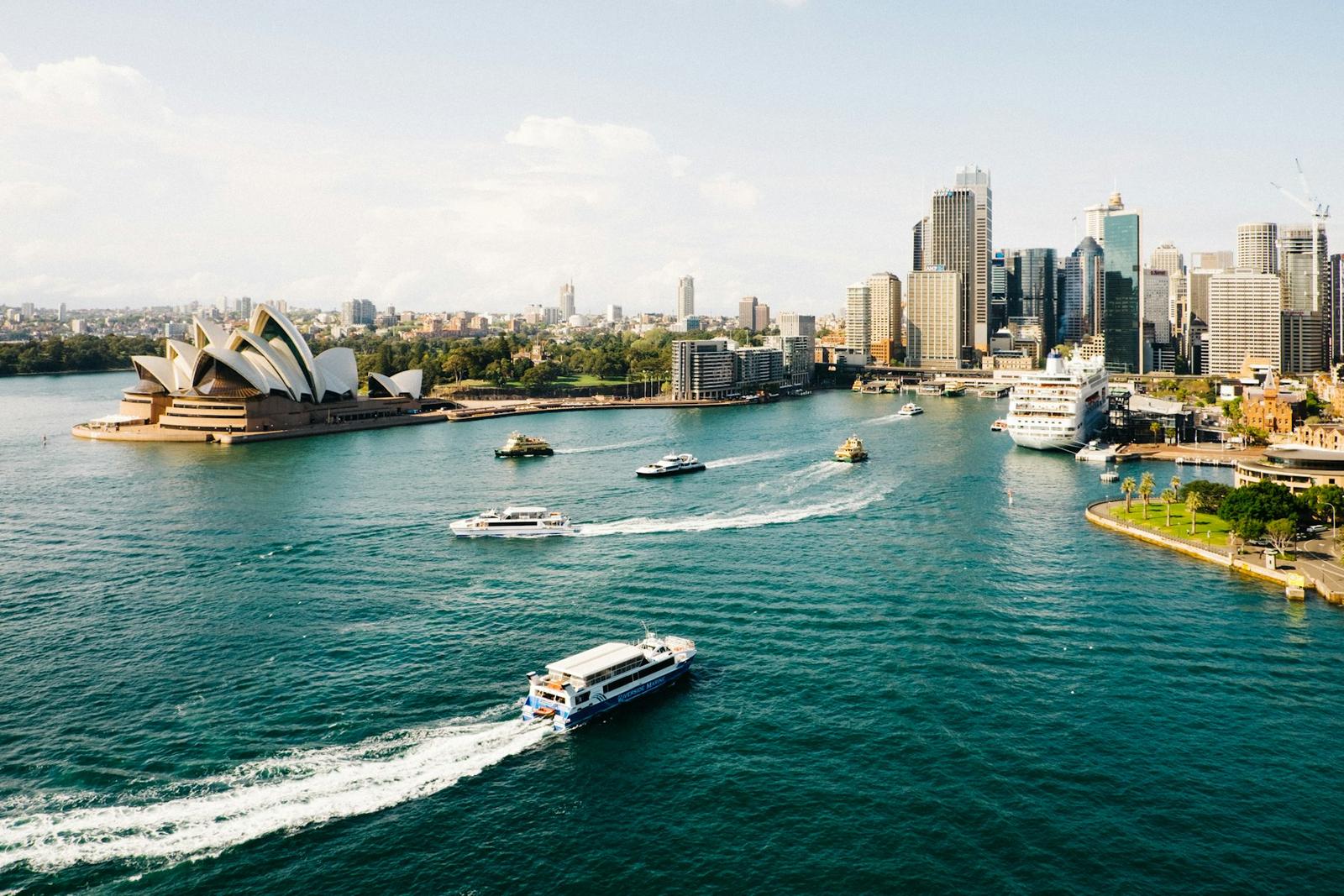 Sydney Opera House and harbour at golden hour