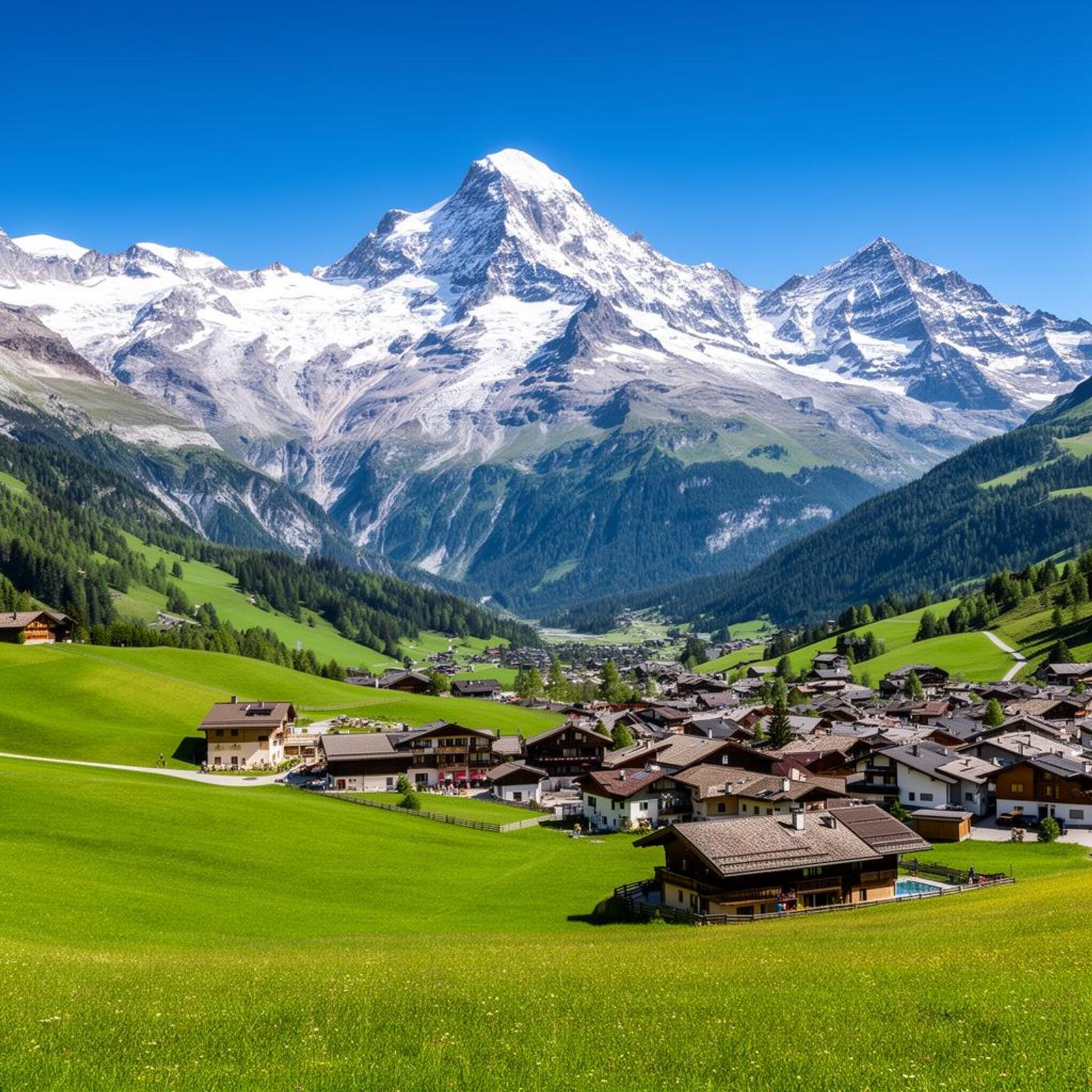 Alpine lake framed by snow-capped Swiss peaks