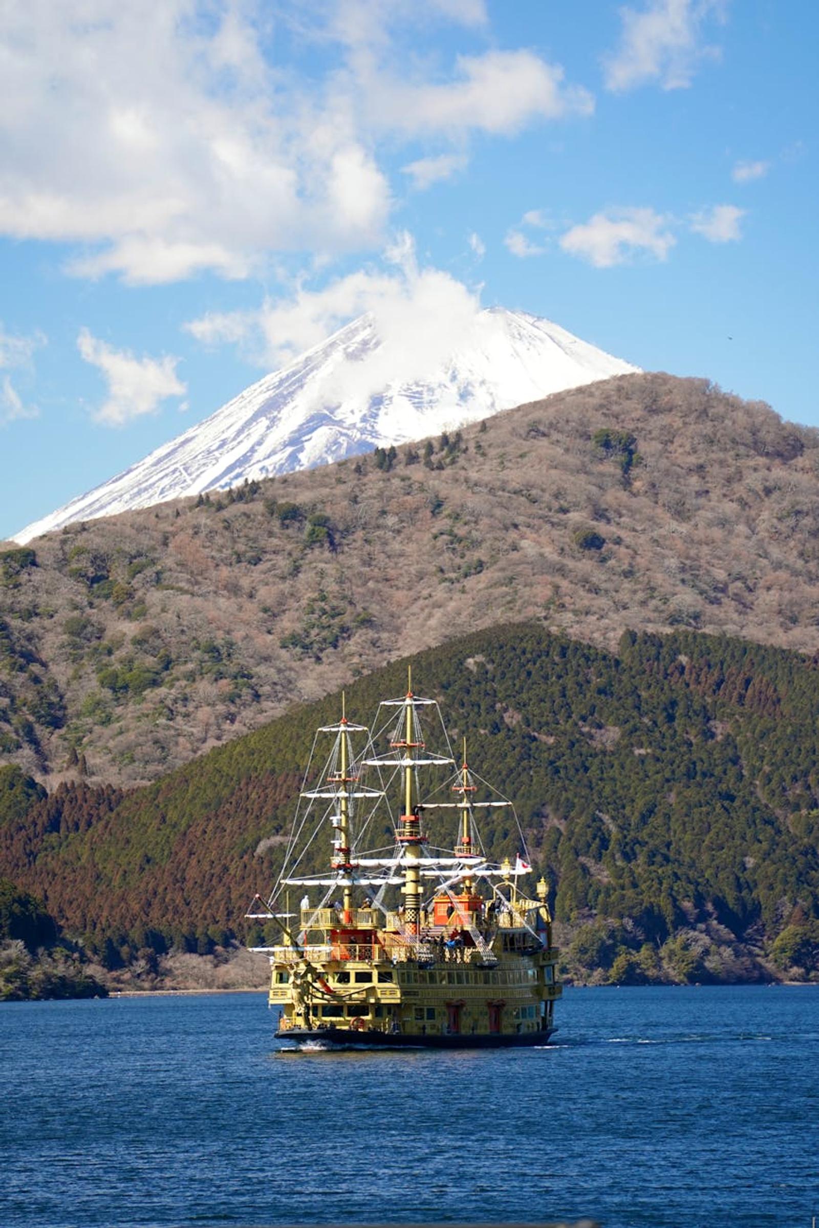Capture of a pirate ship on Lake Ashi with Mount Fuji in the background, Hakone, Japan