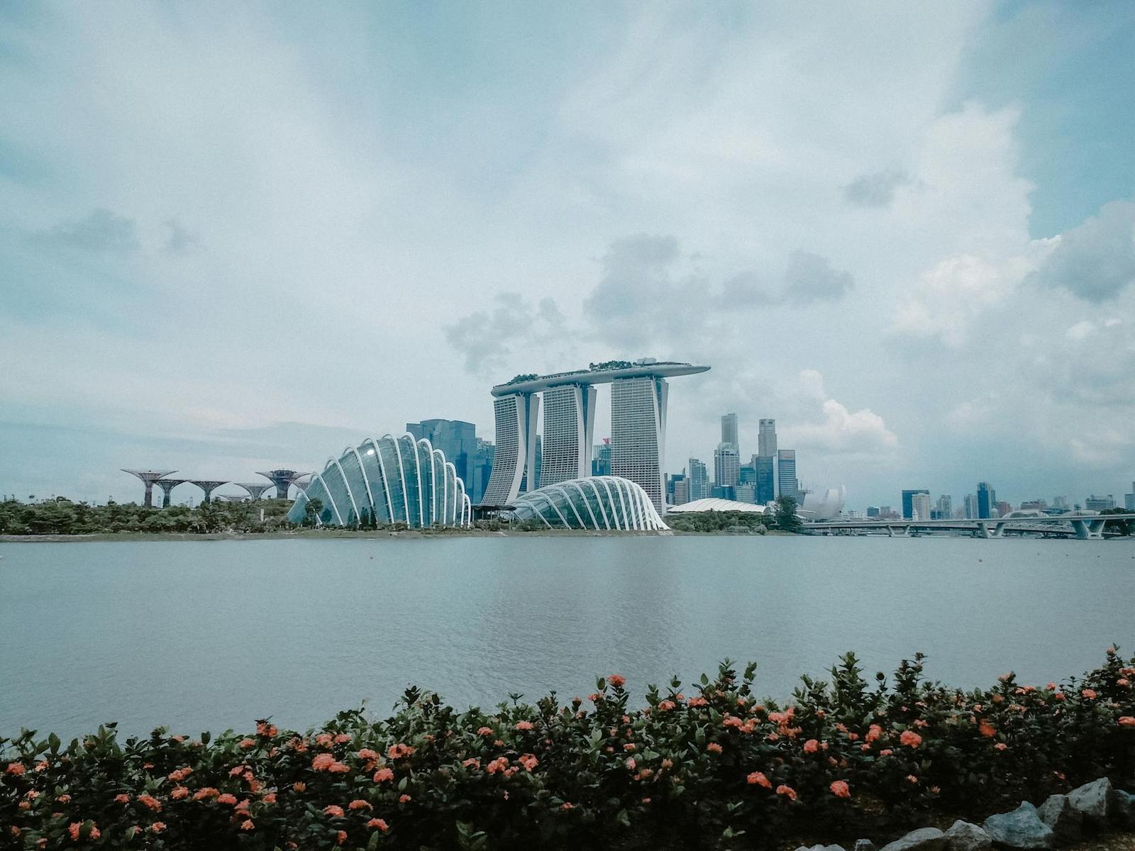 A waterfront skyline with a domed hotel and glass conservatories beyond flowering shrubs