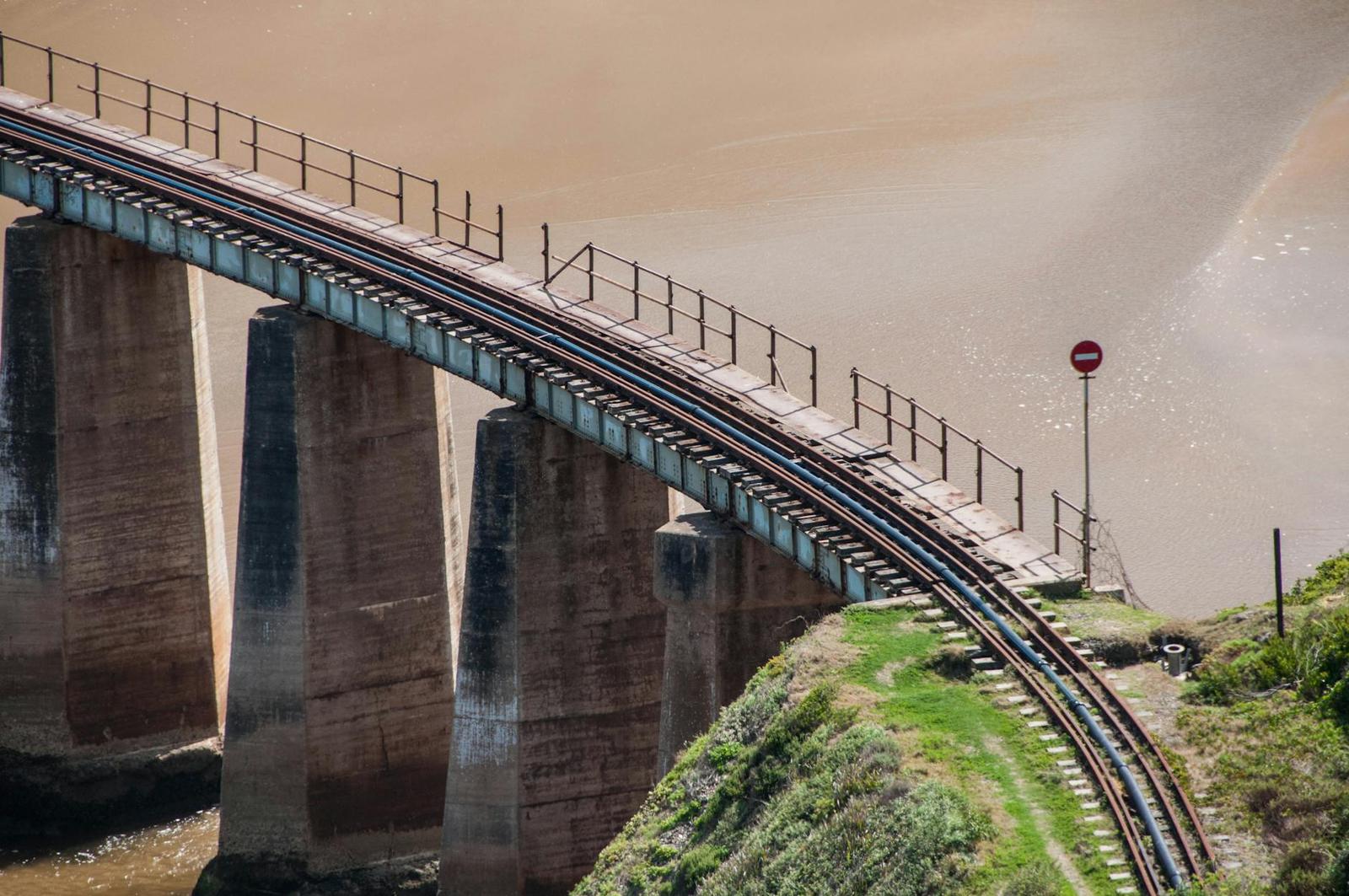 A curved railway trestle bridge arcing over a wide muddy river