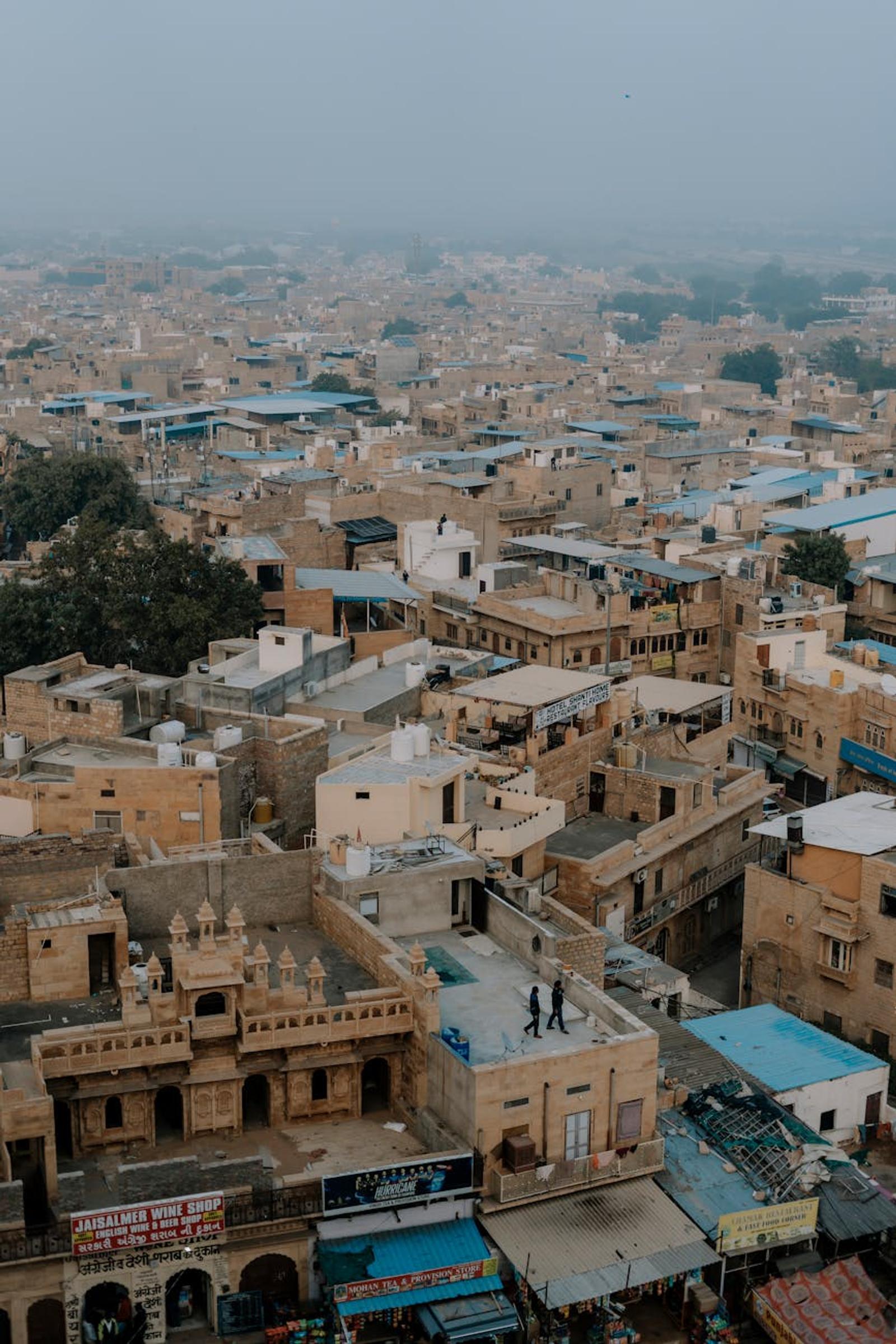 Overhead view of the historic sandstone architecture in Jaisalmer, India
