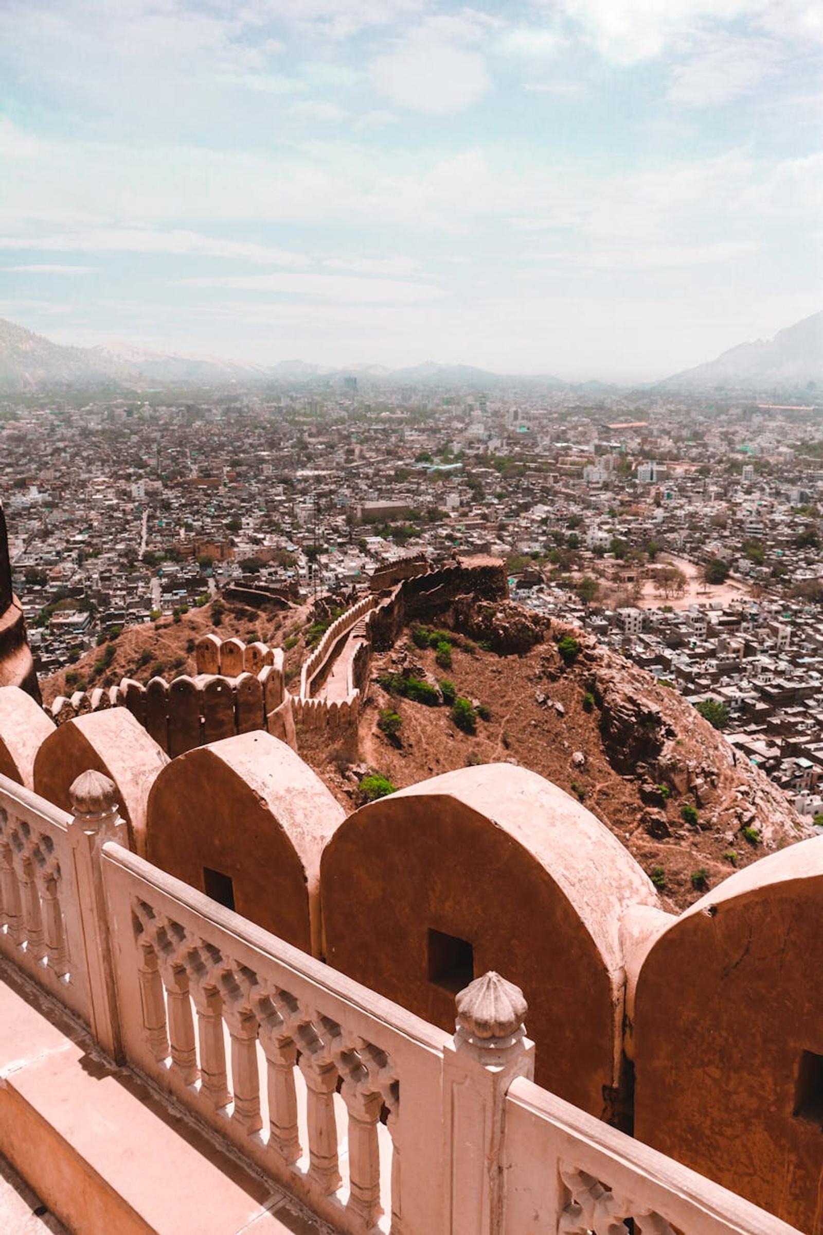 Scenic aerial view of Jaipur city with historic Nahargarh Fort walls in Rajasthan, India