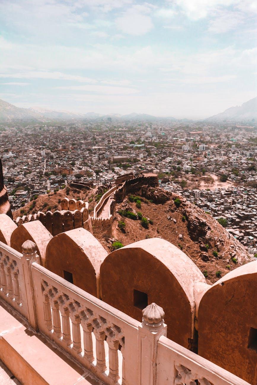Scenic aerial view of Jaipur city with historic Nahargarh Fort walls in Rajasthan, India