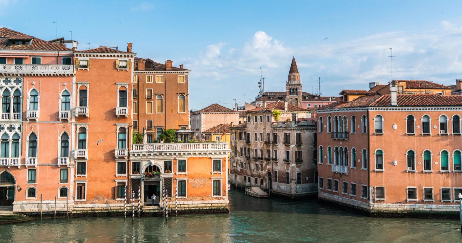 Beautiful view of historic Venetian architecture along a canal in Venice, Italy