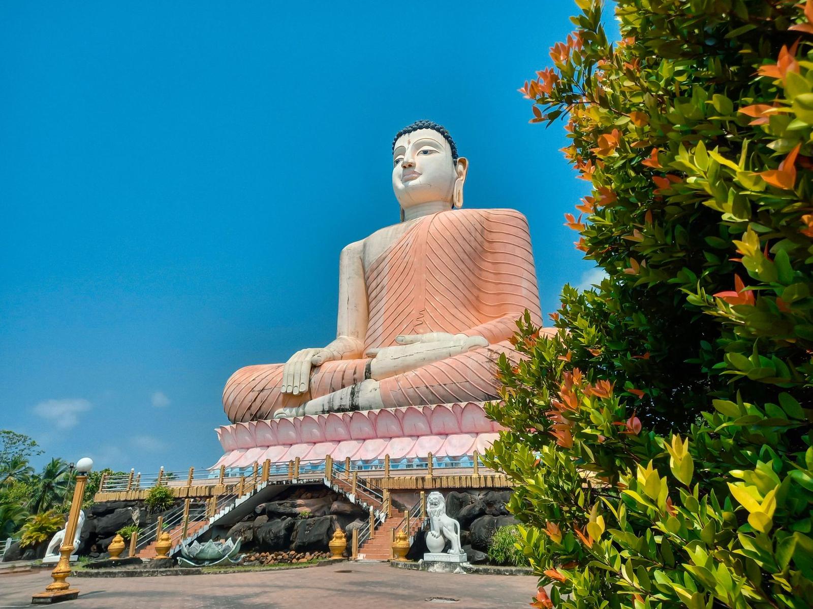 A large Buddha statue under a clear sky at a temple in Bentota, Sri Lanka, surrounded by greenery