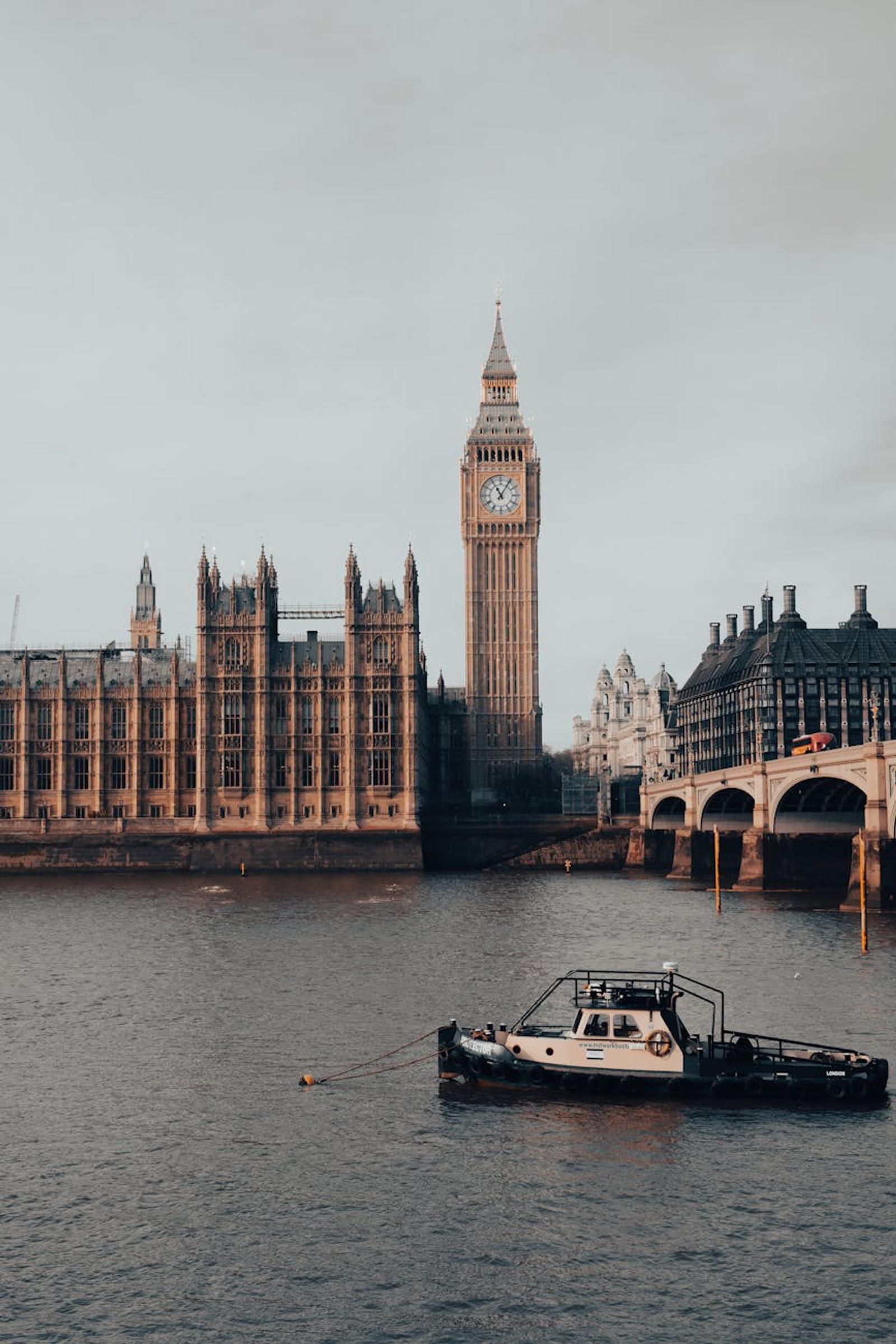 Iconic view of Big Ben and the River Thames in London with a boat in the foreground