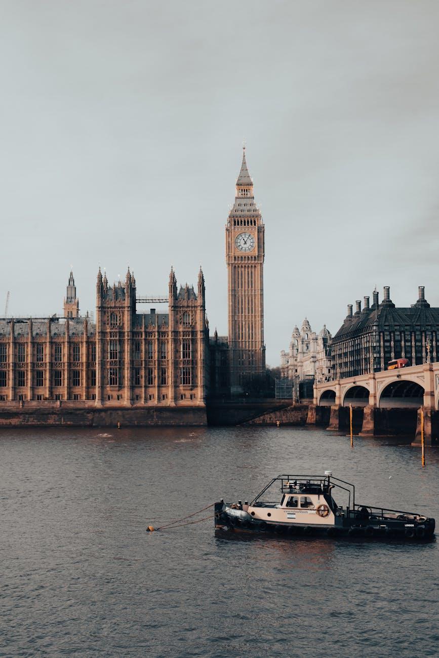 Iconic view of Big Ben and the River Thames in London with a boat in the foreground