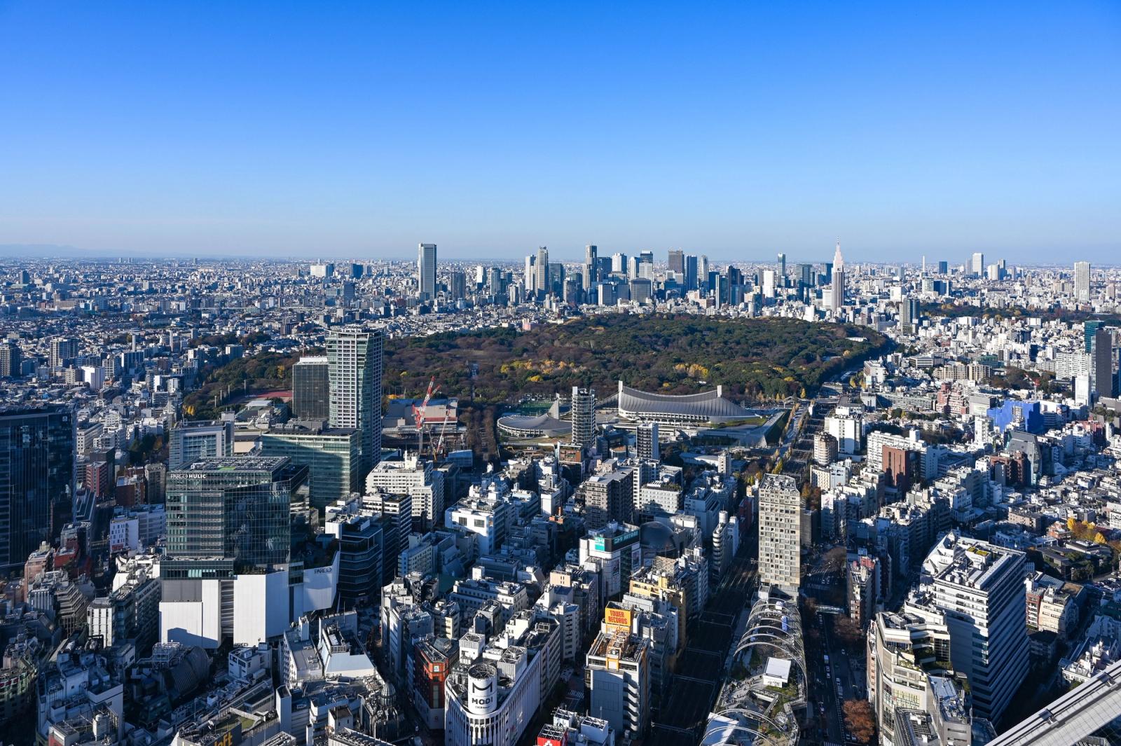 Aerial view of Tokyo cityscape featuring Shinjuku Park surrounded by skyscrapers under a clear blue sky
