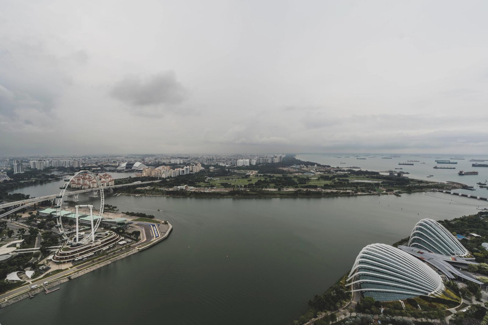 Stunning aerial shot of iconic Singapore skyline with harbor and gardens