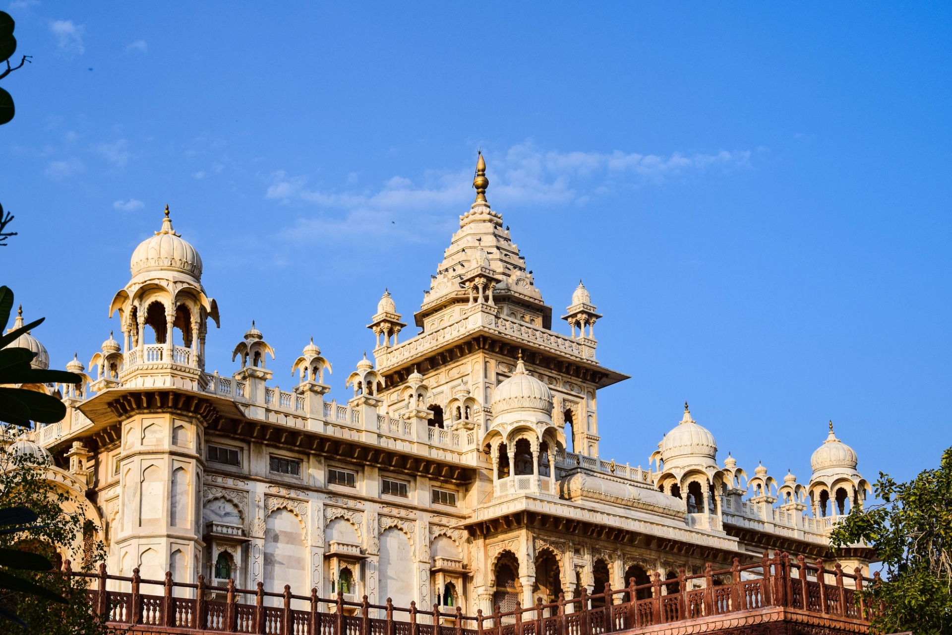 Captivating view of the Jaswant Thada, a stunning marble cenotaph in Jodhpur, India, against a clear blue sky