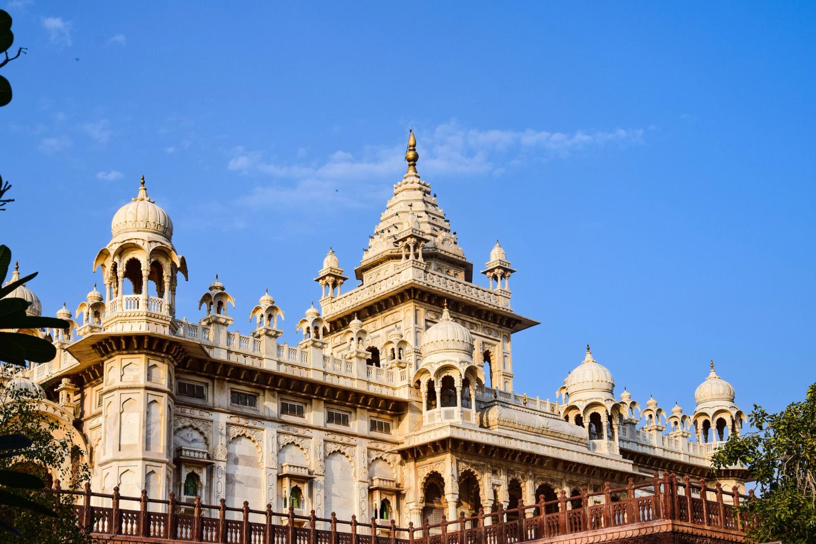 Captivating view of the Jaswant Thada, a stunning marble cenotaph in Jodhpur, India, against a clear blue sky